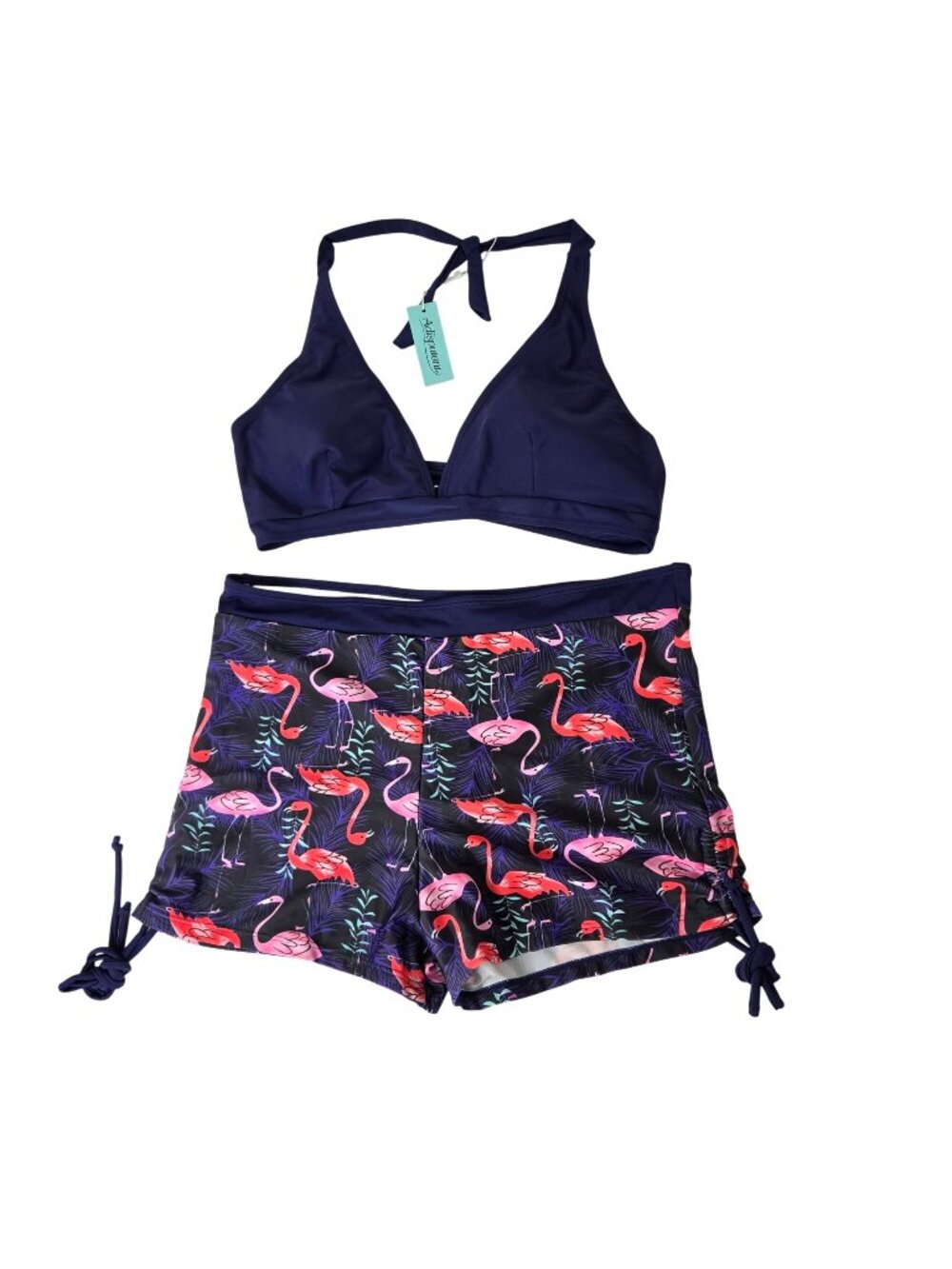 Womens 2XL Navy Bikini Top & Flamingo Print Swim Shorts 2 Pc Set Beach Pool